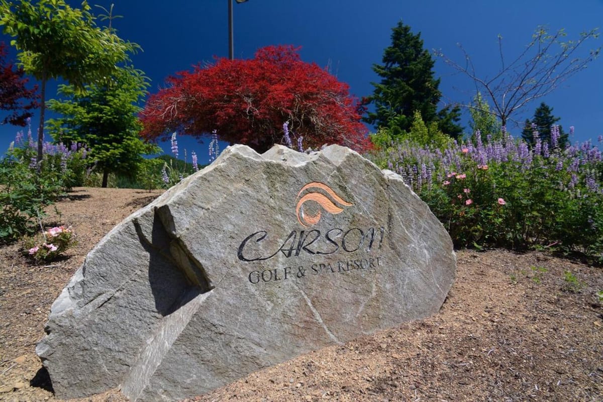 Hotel sign on a rock by the entrance at Carson Hot Springs